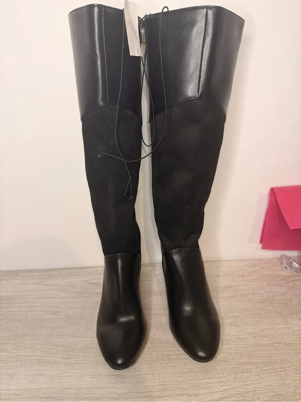 Ann Taylor Factory Mixed Media Tall Block Heel Boots Black 7.5 NWT